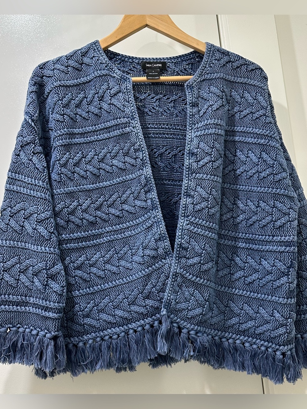 Sara Campbell 100% Cotton Cable Knit Fringe Cardigan Blue Coastal Boho Small